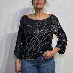 Shimmers Black Sequin Silk Vintage Blouse Sz L